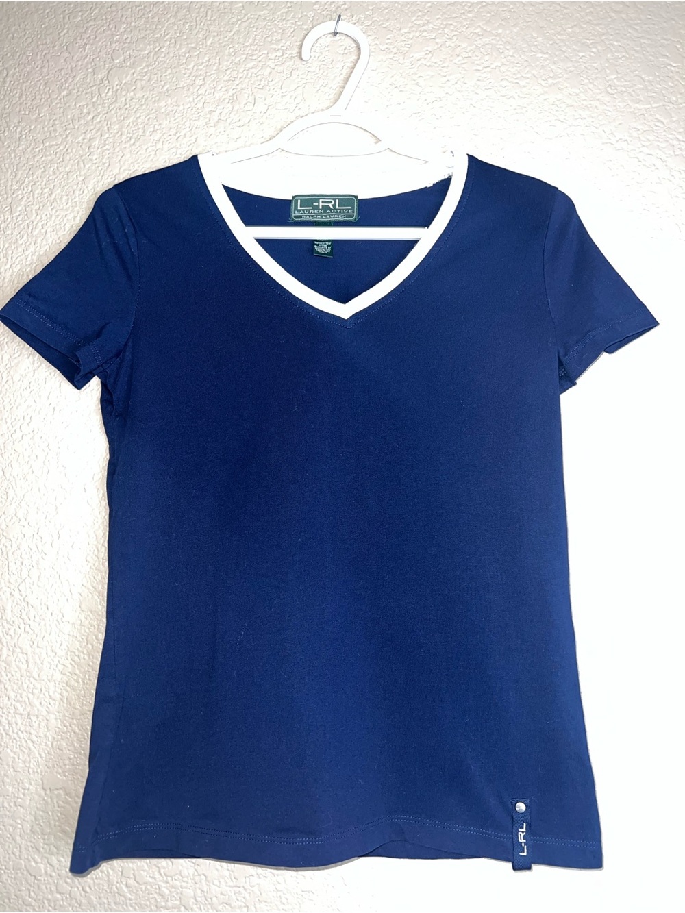 Lauren Active Ralph Lauren Navy With White Trim Neckline Short Sleeve Top Sz XS